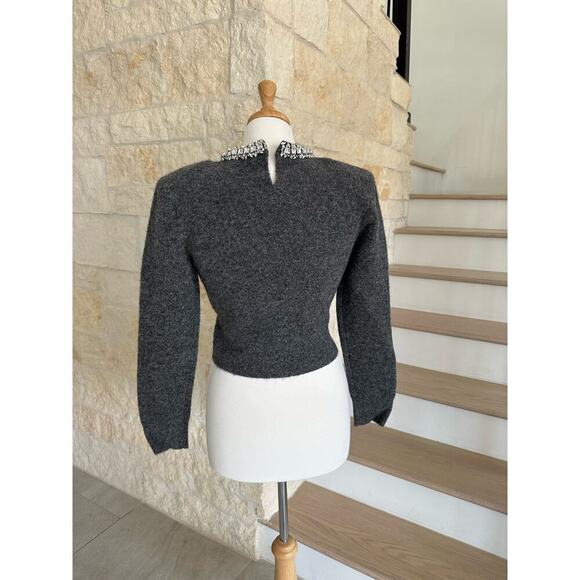SELF-PORTRAIT Cropped crystal-embellished knitted sweater Gray Size Large - Picture 10 of 11